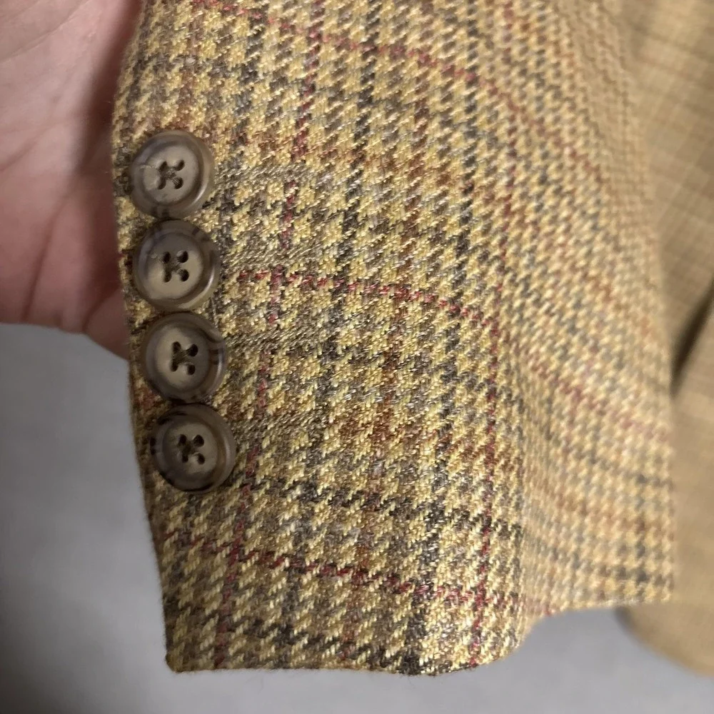 Harold Powell Sport Coat 42L Tan Silk Linen Wool Tweed Check Italy Christopher